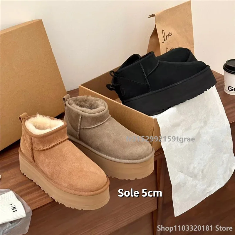 Winter Snow Boots Warm ultra Boots Fur Platform Ladies Real Sheepskin Wool Low-cut Fur Shoes Women Men Winter Short Low Boots