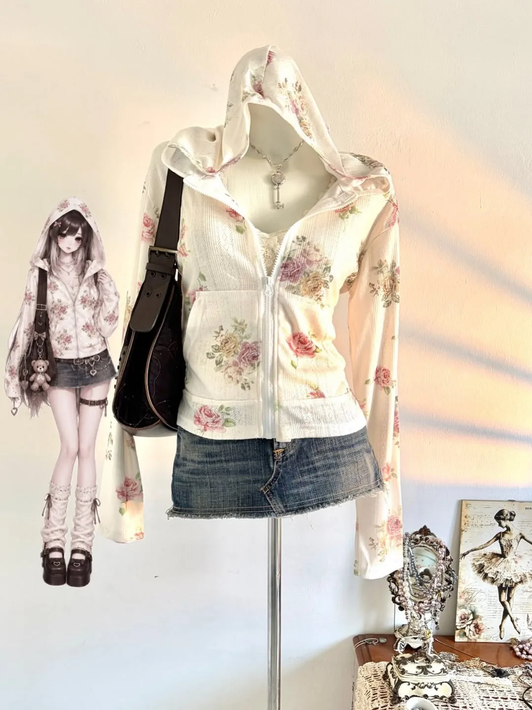 Coquette Grunge Women Floral Rose Zip Hoodie All Over Print Long Sleeve Cream Y2K Slim Cropped Hooded Jacket