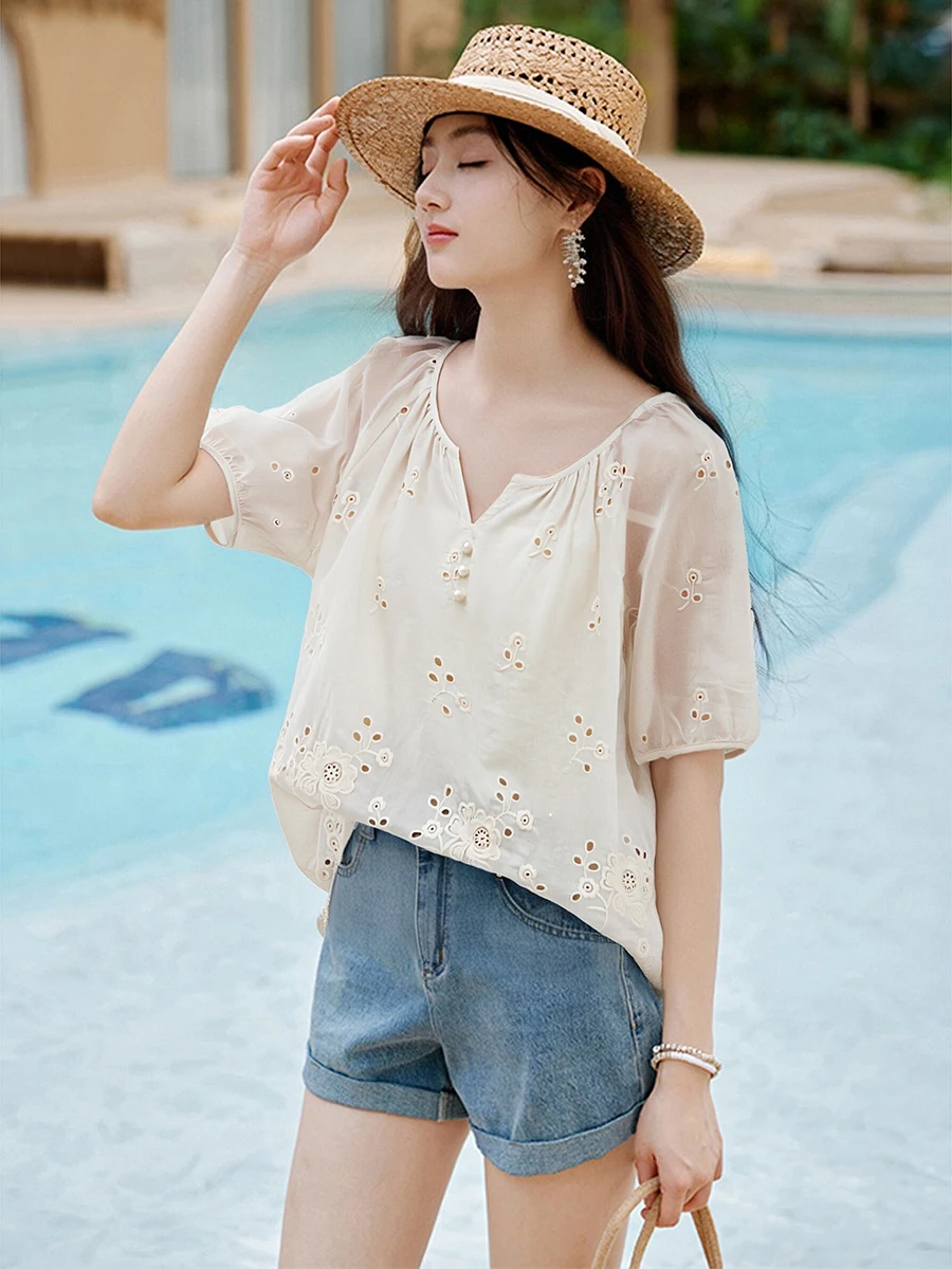 

Xin Fei Yu Women's V-ne ort Sve Embroidered Chiffon irt Commute Faion Summer 2026 New Sle Slim Fit Breathable