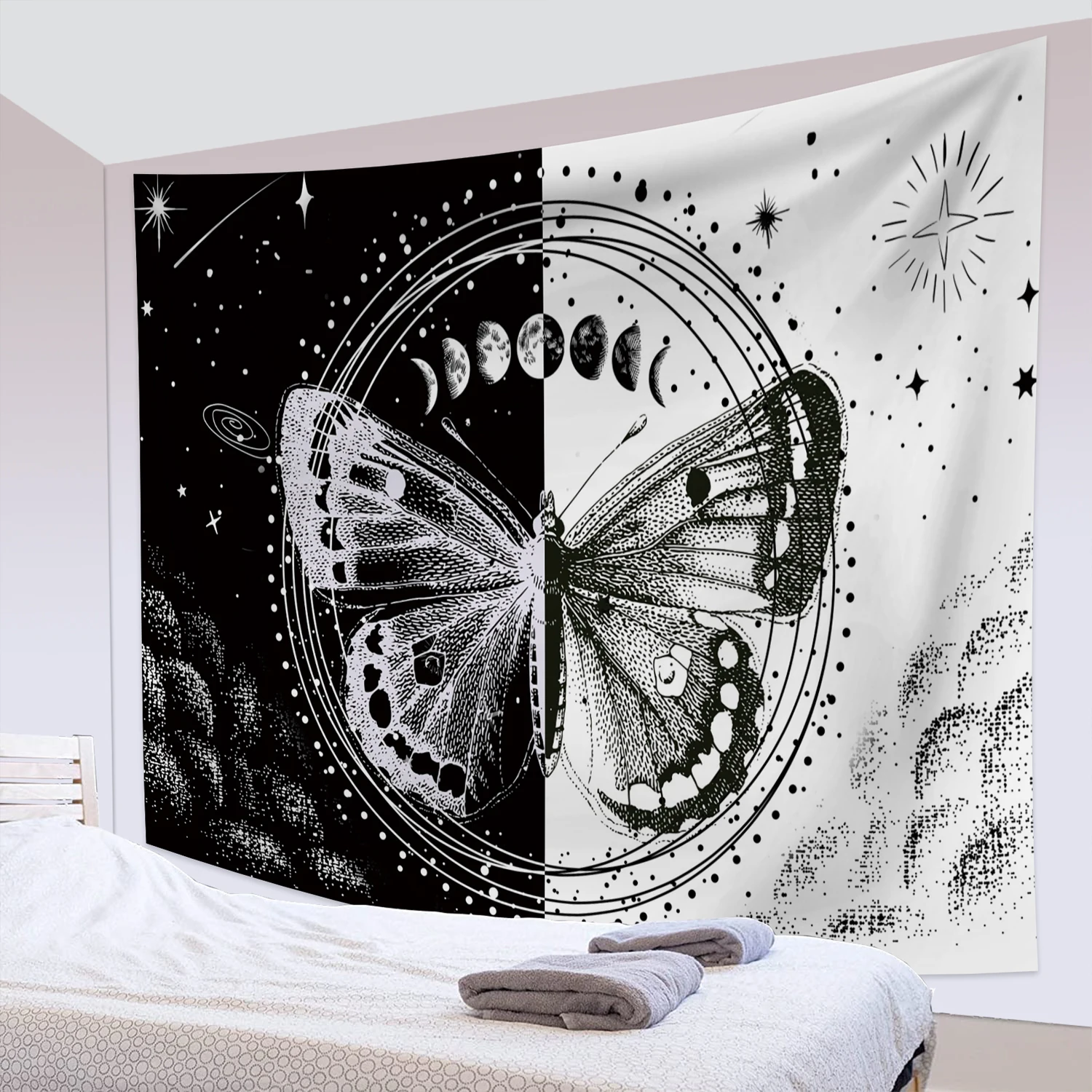 Butterflies and Moths Tapestry Black and White Flower Tapestry Wall Hanging Beach Blanket Romantic Bedroom Dorm Home Decor