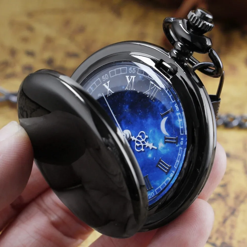 Steampunk Roman Starry Sky Dial Smooth Digital Quartz Pocket Watch with Necklace Pandent Exquisite Gift for Male Women
