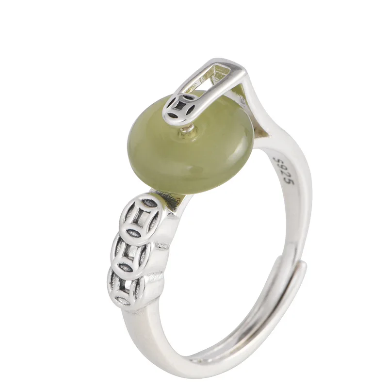 Retro silver 925 copper coin rings for women fresh natural jade round buckle rotatable ring ethnic style fine jewelry gifts - view 6