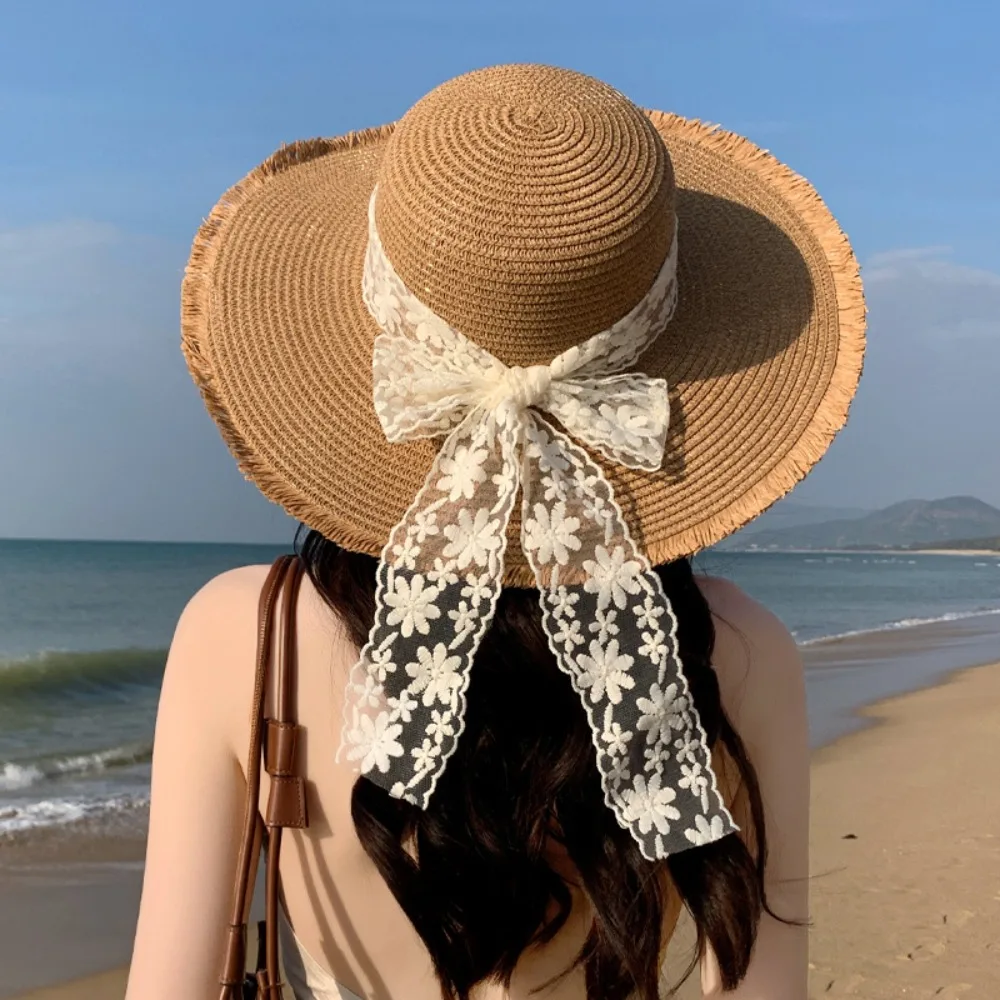 

Sweet Breathable Lace Bowknot Straw Hat Adjustable Korean Style Wide Brim Sun Hat Anti UV Sweet Sunshade Cap Beach