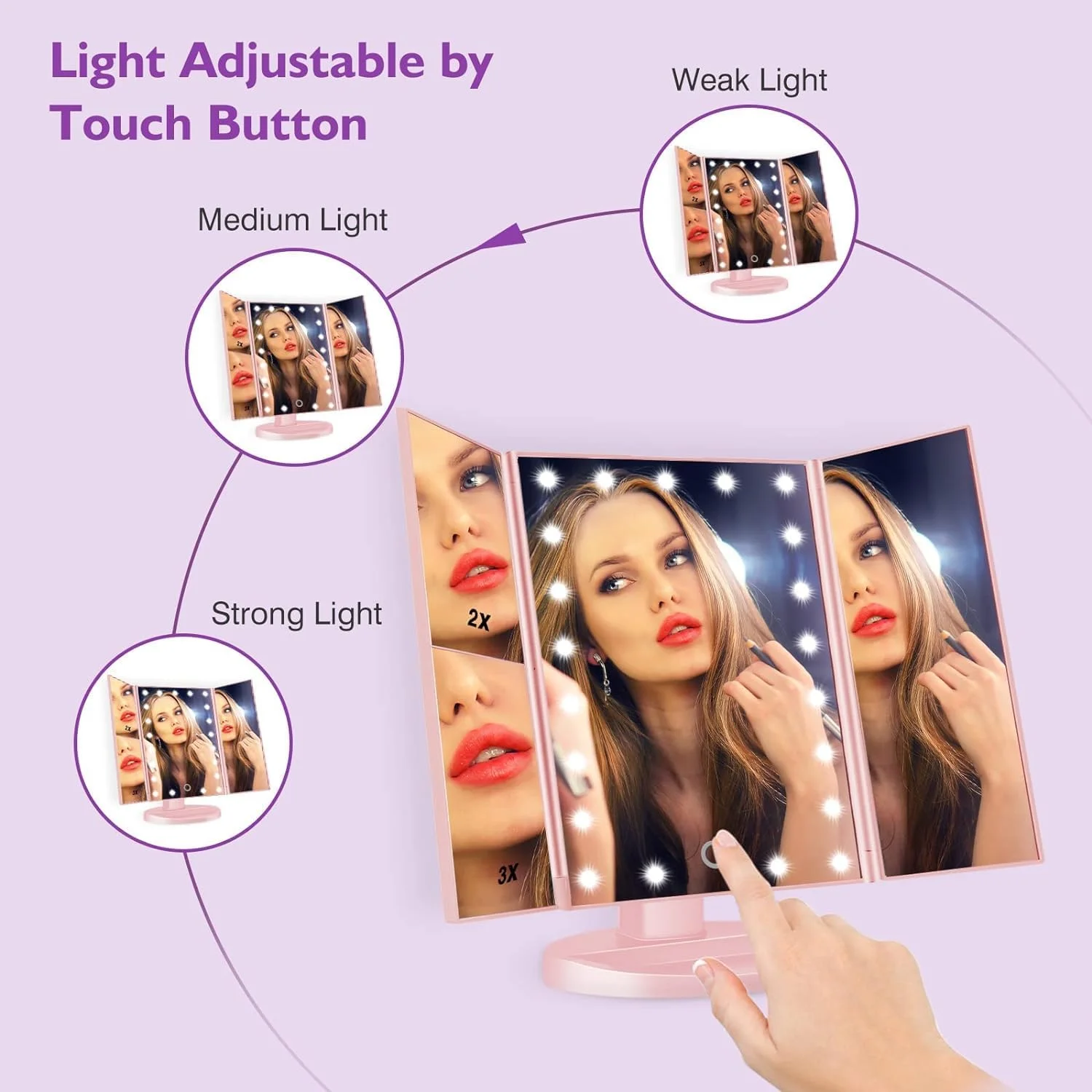 Makeup Vanity Mirror with LED Lights, 3 Level Magnification, Touch Control, Portable Folding Design, Battery & USB Powered (Rose