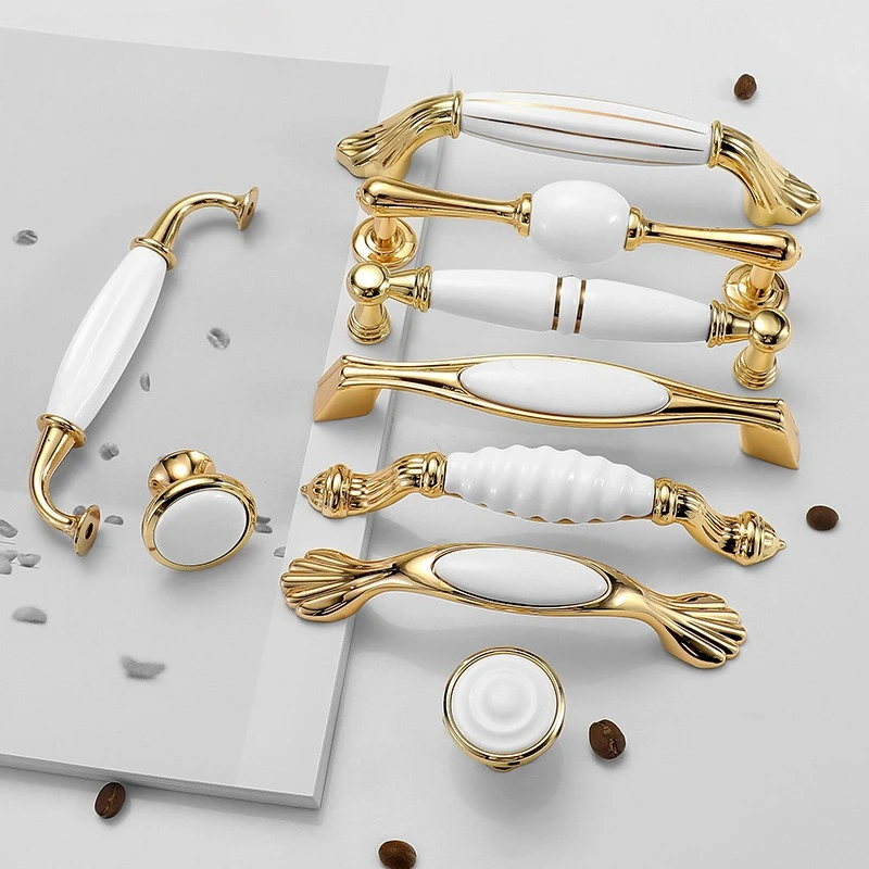 Golden Kitchen Cupboard Door Handles Drawer Knobs European Zinc Alloy White Furniture Pulls Fashion Ceramic Cabinet Handles