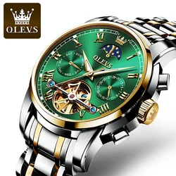 OLEVS-Relógio mecânico automático de luxo masculino, relógios impermeáveis, relógio de pulso Moon Phase, aço inoxidável