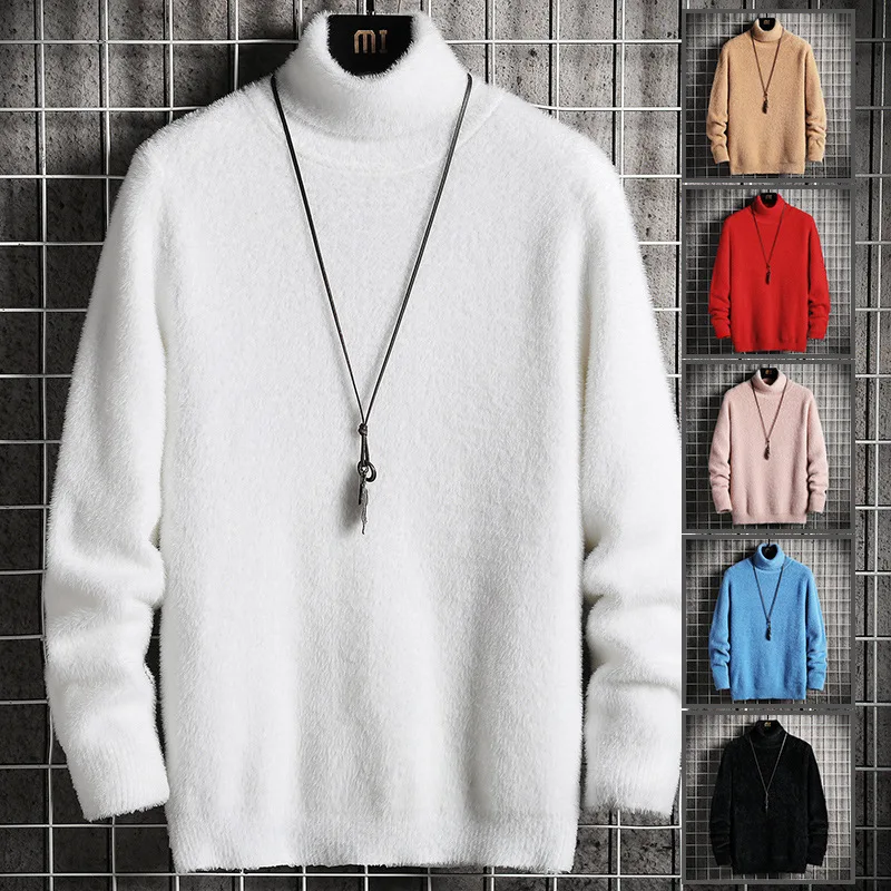 Autumn Winter High Neck Warm Sweater  Quality Men's Trend Mink Fleece  Underlay Shirt Loose Fashion Knitted Pullover A81