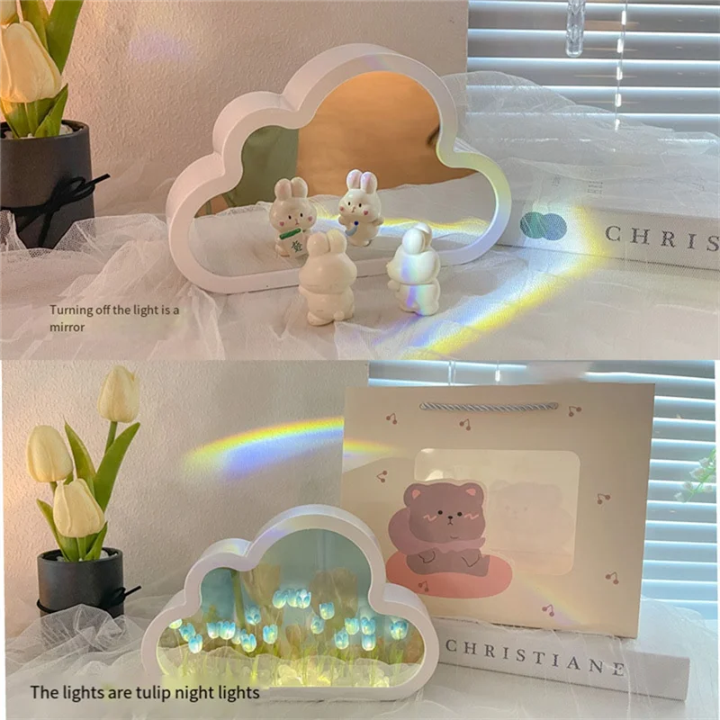 

A07F-DIY Cloud Tulip LED Night Light Girl Bedroom Ornaments Photo Frame Mirror Table Lamps Bedside Handmade