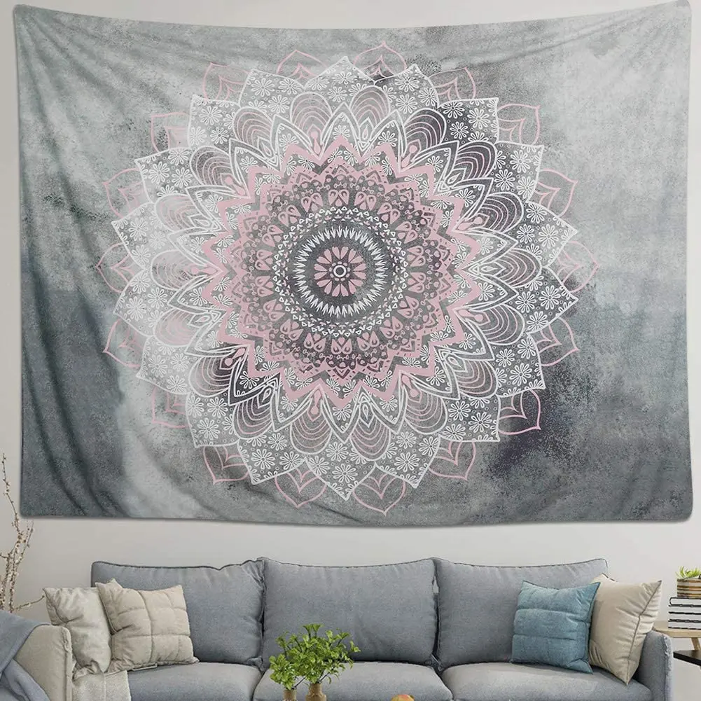 Indian Tapestry Hippie Bohemian Grey&Pink Mandala Flower Tapestry Wall Hanging Bedding Tapestry