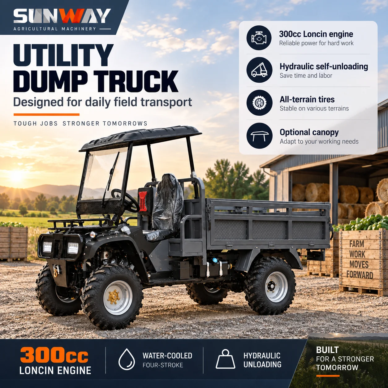 300cc Four Stroke Agricultural Utility Truck Hydraulic Dump Bed Vehicle for Farm and Orchard Transport