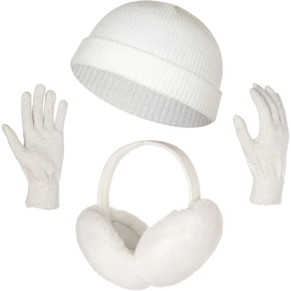 Zimowy zestaw na zimę: puszyste nauszniki, czapka, rękawiczki na zimną pogodę