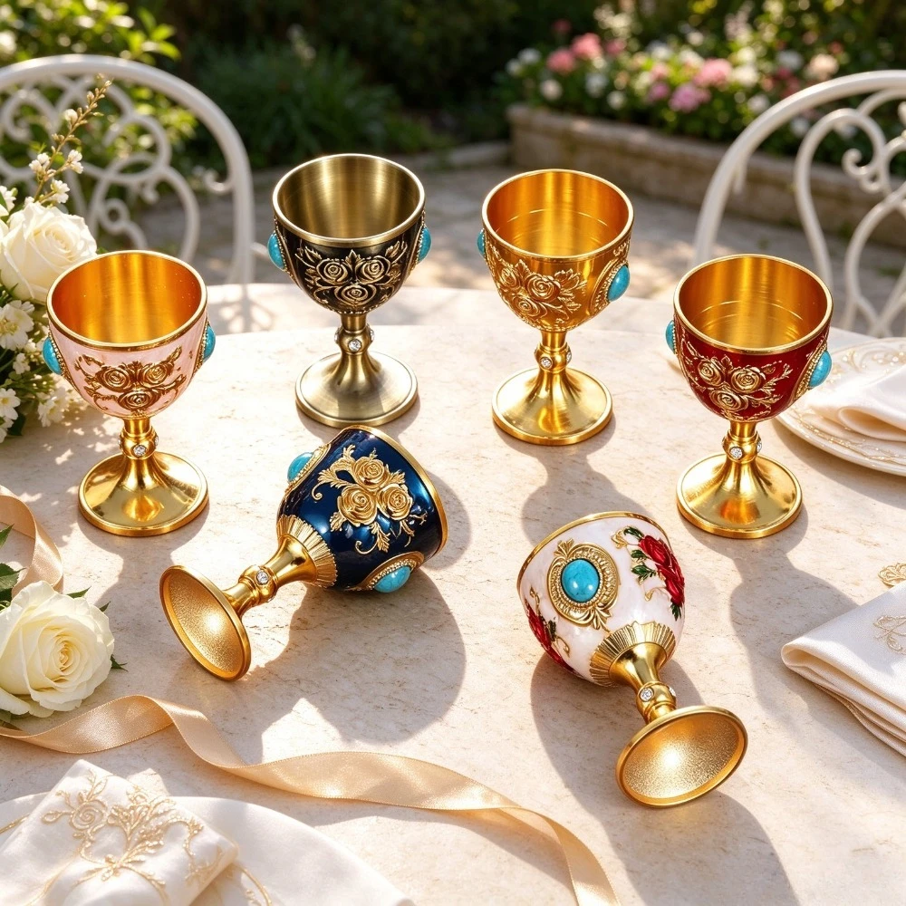 Vintage Medieval Chalice Embossed Rose Turquoise Inlay Goblet, Luxury Deco Wine Cup for Wedding Ceremonial Table Ornament Gift