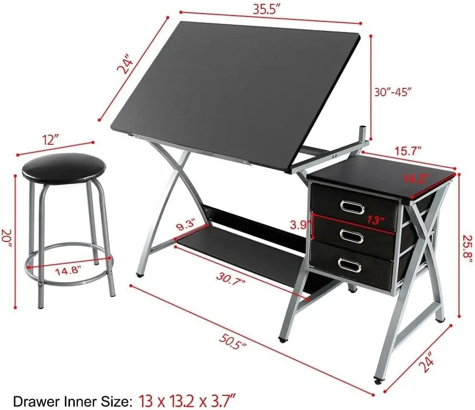 Yaheetech Drafting Desk, Drawing Table for Artists/Adults, Art Desk w/Stool 3 Slide Drawers, Painting Studio Design Work Station