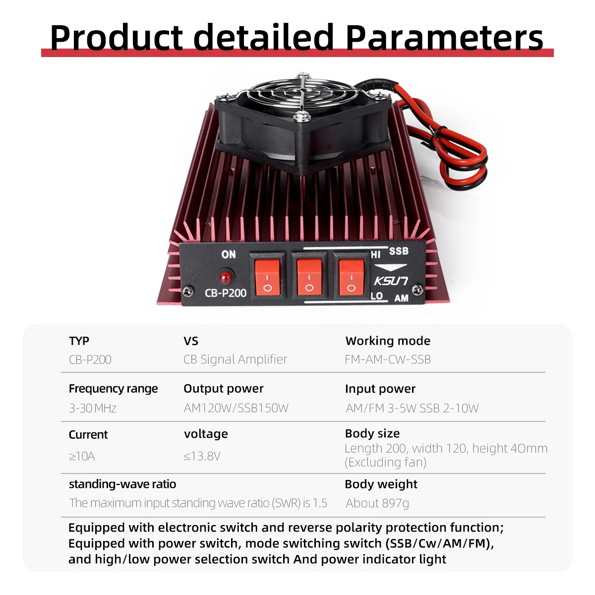 المحمول CB راديو مكبر كهربائي 3-30 ميجا هرتز وحدة FM AM CW SSB KSUN CB-P200 HF مكبر للصوت 12-14 فولت 14-20A 50 واط دعم #3