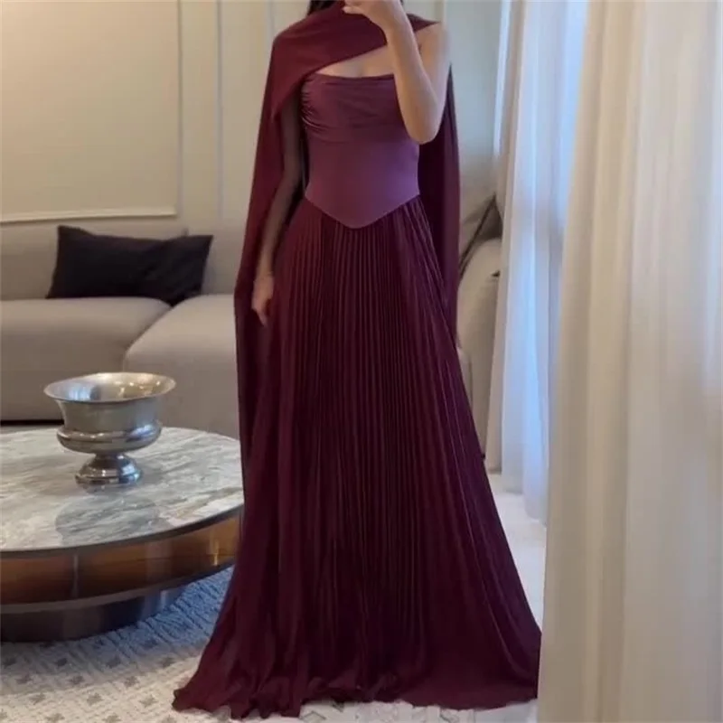 

Elegant Women Claret Ruched Evening Dress with Shawl Strapless Waisted Party Gown 2025 New Fashion Formal Clothing In Stock