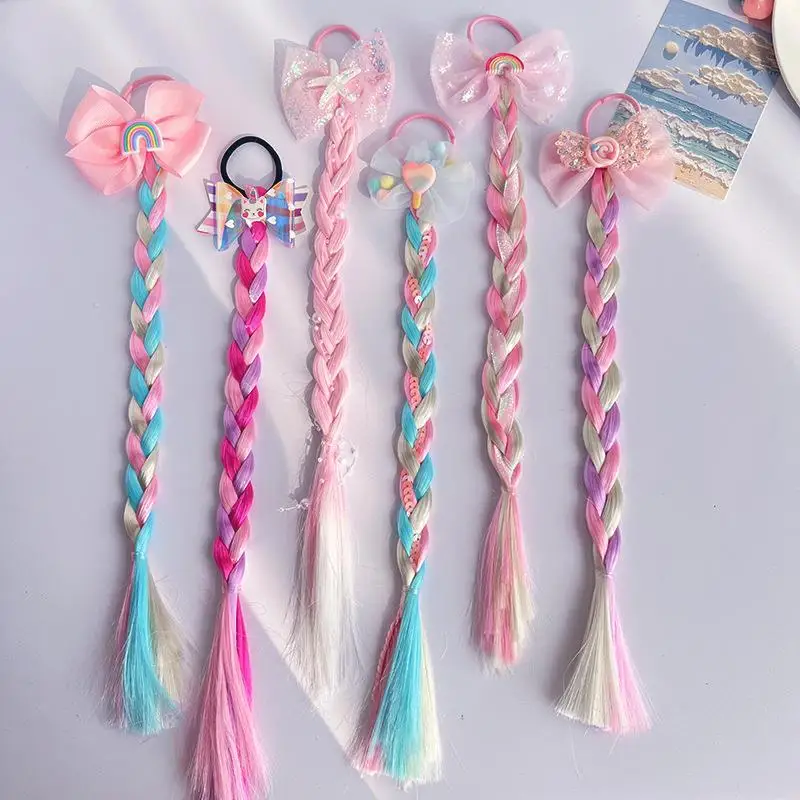 Unicorn Cute Wigs Ponytail for Kids Girl Candy Color Cartoon  Butterfly Bow Ponytail Hair Styling Rubber Bands Headwear Braid