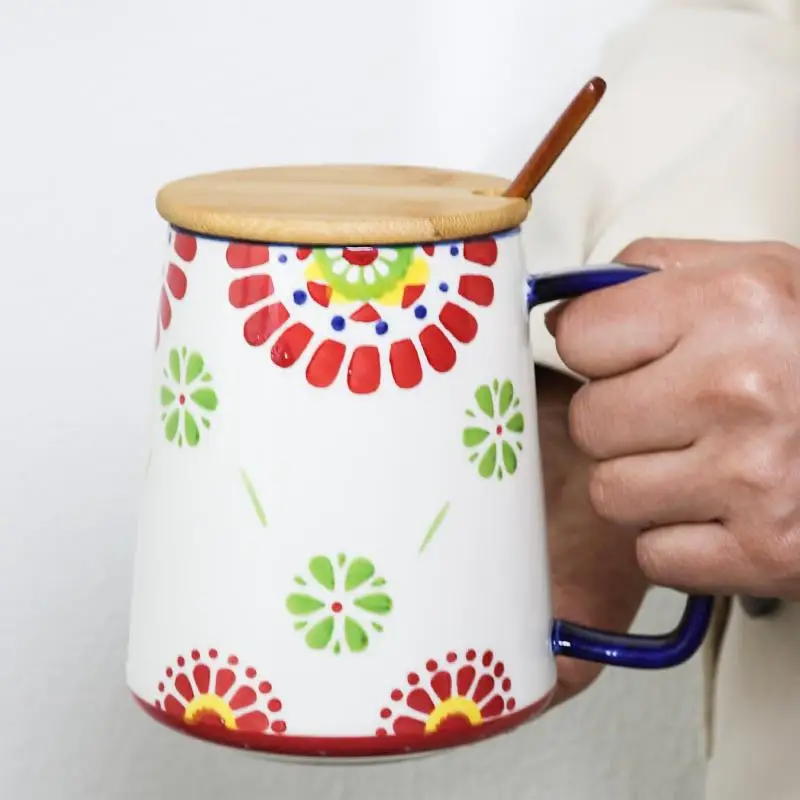 700ml Retro Hand-painted Flower Ceramic Mug，large Capacity Cup Garden Style Coffee Cup，Home Office Water Cup with Lid Drinkware