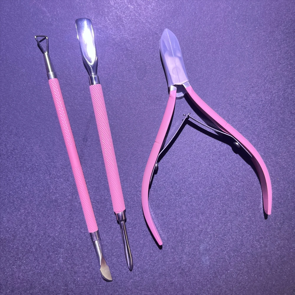 3 szt. Profesjonalne nożyczki do paznokci ze stali nierdzewnej, obcinaczki, odpychacz, klipsy, różowe, wielofunkcyjne zestawy narzędzi do manicure i pielęgnacji paznokci @%