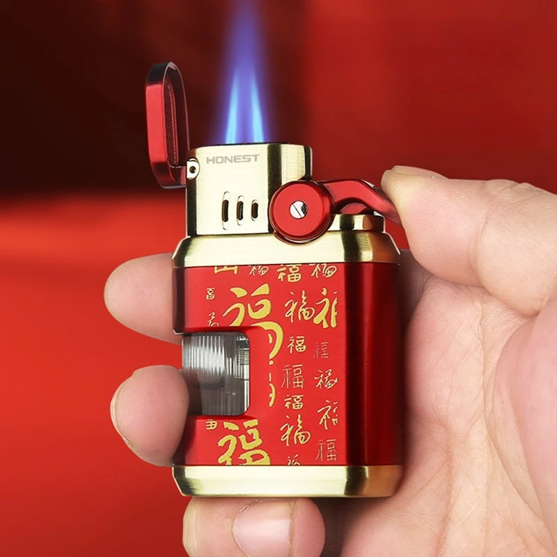 Nouveau briquet à gaz butane HONEST en métal, coupe-vent, double flamme, avec fenêtre de niveau de gaz visible, pliable, pour cigares, design diamant, portable