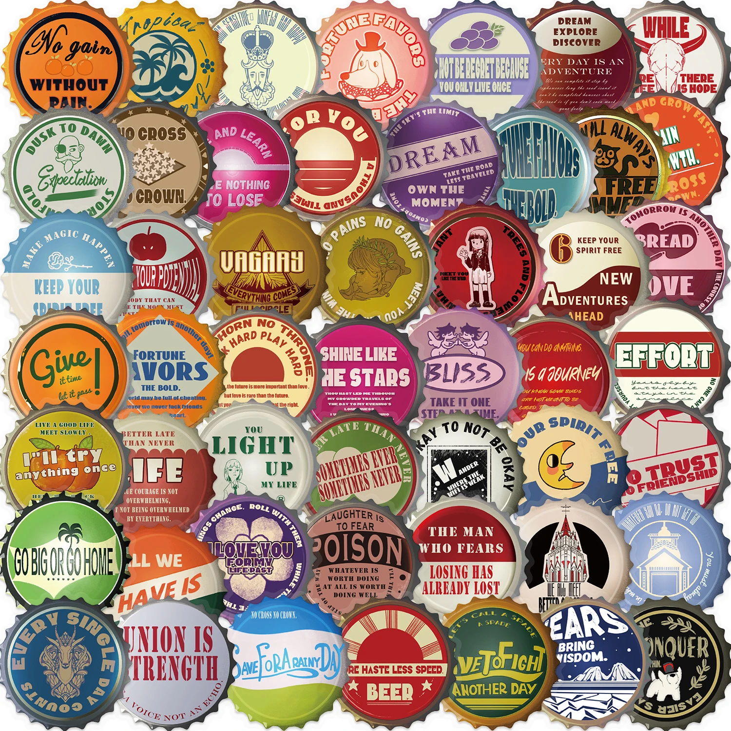 50pcs Bottle Cap Creativity Graffiti Stickers Suitable for Decorative Phone Case, Water Cup, Guitars, Creative Waterproof Decals