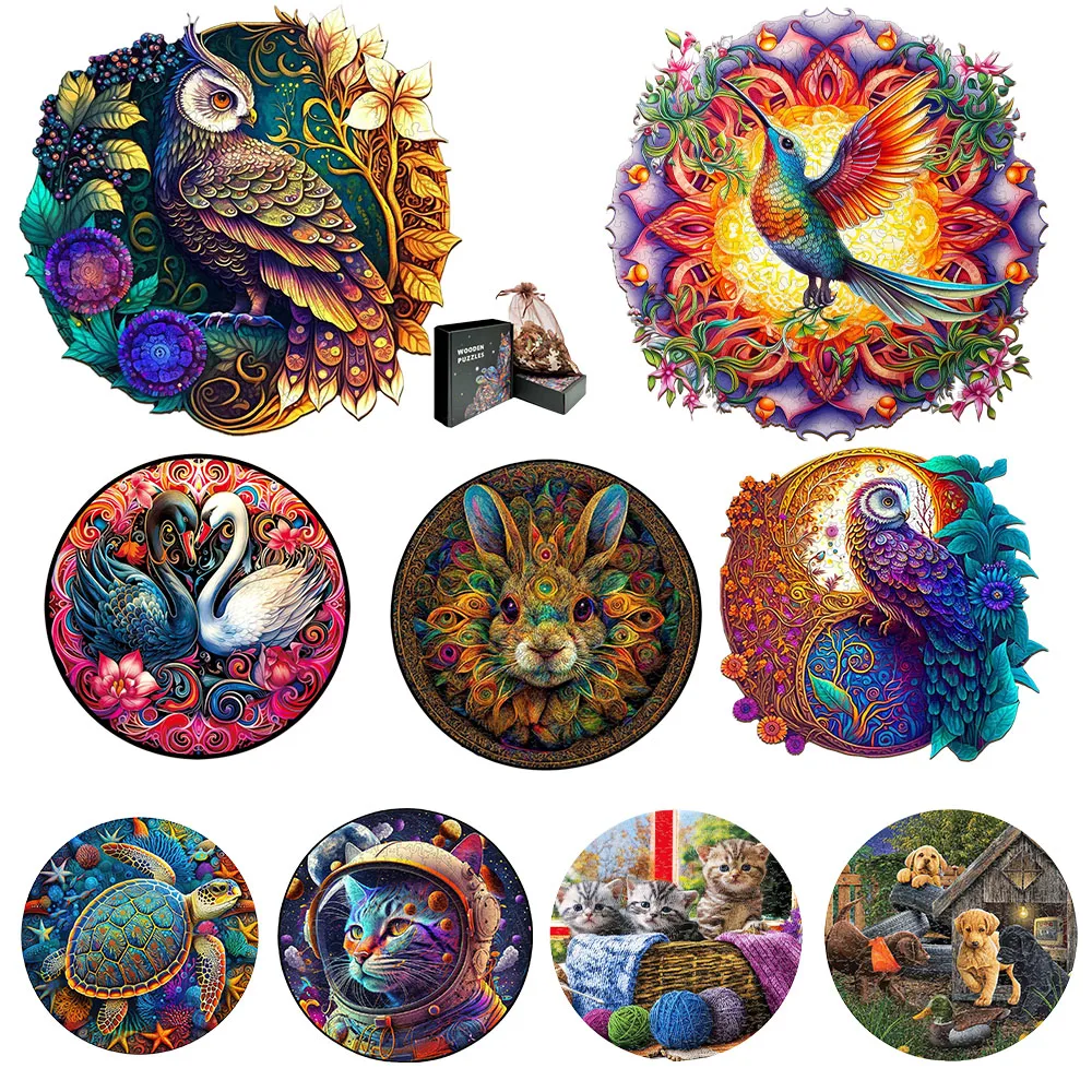 

Round Colored Owl Puzzle Wooden Puzzle Children's Thinking Art Irregular Animal Wooden Puzzle Cute Kitten Adult Entertainment.