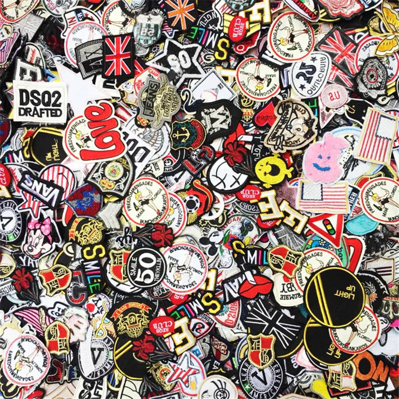 Random Mix Iron and Sewing Patches 100 Pieces/Batch DIY Fashion Clothing Decorative Apparel Fabric Backpack Sewing Decals