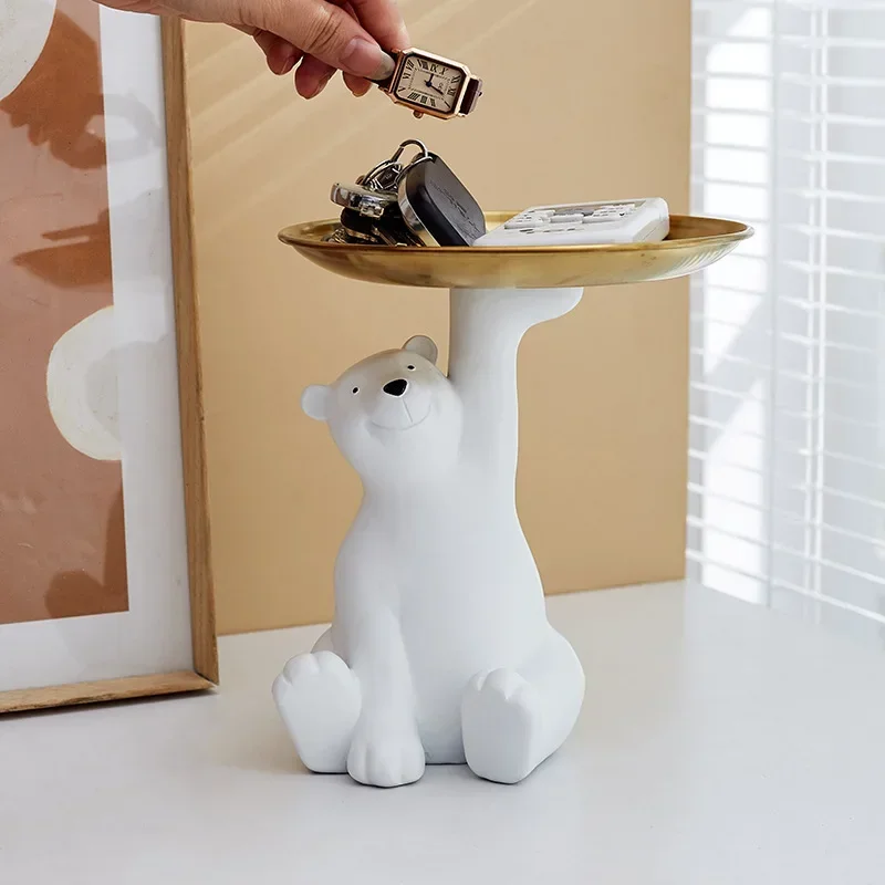 White Bear Statue Storage Tray Nordic Decorative Figurine Candy Tray Living Room Table Key Snack Holder Tray Home Decor Arts