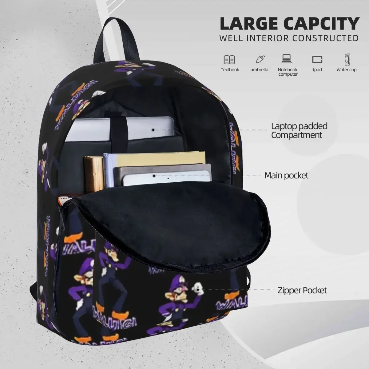 Waluigi ransel menyalin ransel buku siswa tas bahu tas Laptop ransel tahan air ransel bepergian tas sekolah anak-anak