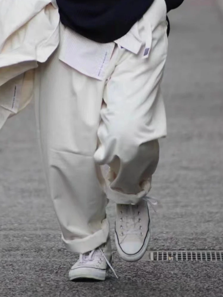 

Свободные прямые рабочие брюки из стрейч-ткани с поясом, однотонные, в японском стиле, синие, повседневные, свободного кроя, длинные