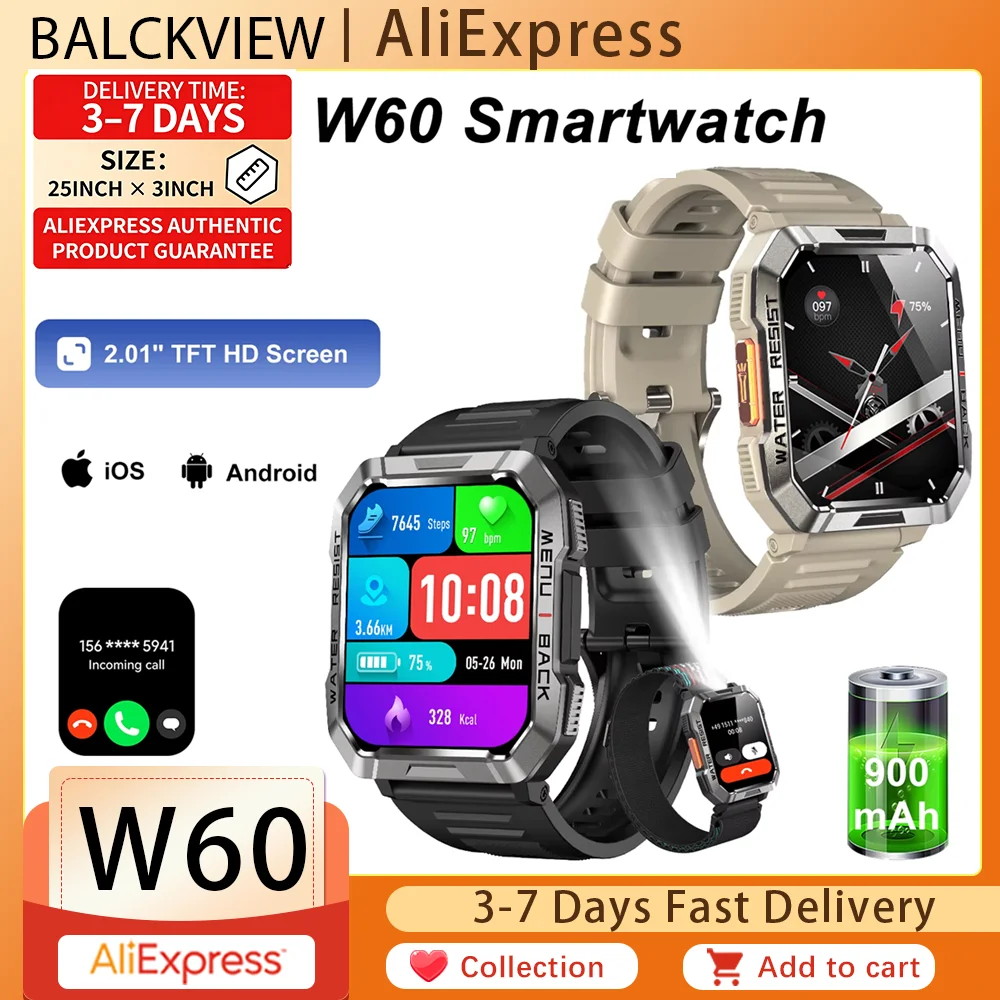 Montre connectée Blackview W60 avec écran HD de 2,01 pouces, montres pour hommes pour l'extérieur avec éclairage d'urgence, appel Bluetooth, montre connectée étanche