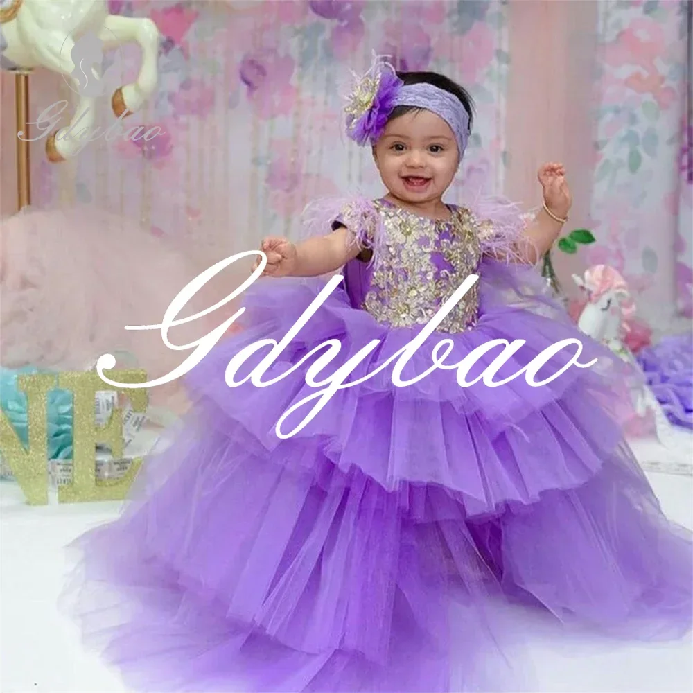 

Gloden Applique O Neck Pleat Wedding Party Baby Dress Floor Length Full Ball Princess Formal Communion Gown For Girl New 2024