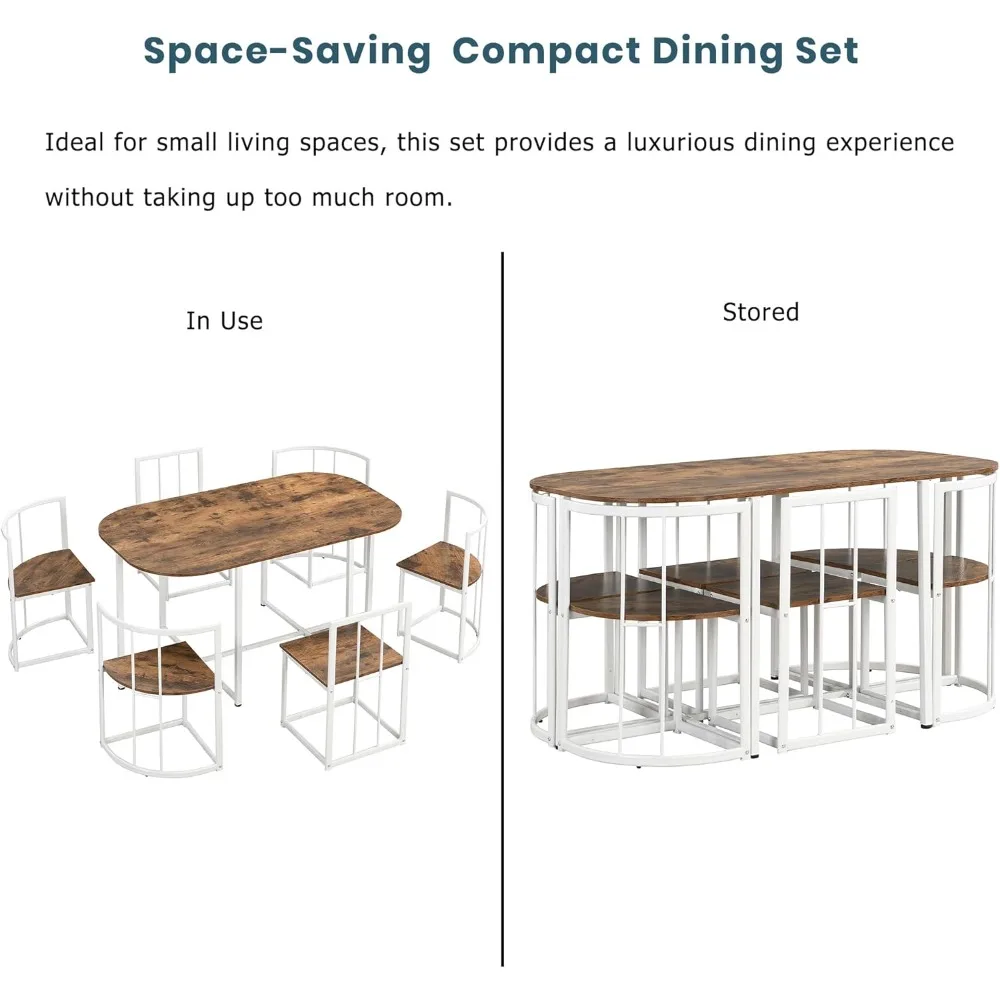 Juego de mesa de comedor y sillas de metal con acabado cerezo blanco para 6 personas para espacios pequeños