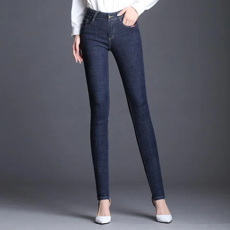 Retro Nữ Quần Jean Plus Kích Thước Co Giãn Bút Chì Denim Quần Nữ Cao Cấp Cổ Điển Đen Skinny Đơn Giản Da Bò Thun Quần Dài