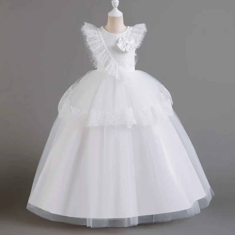 Children Wedding Dresses White Elegance Sleeveless Long Lace Princess Dress for Girls 6-13 Y Kids Host Piano Performance Gowns