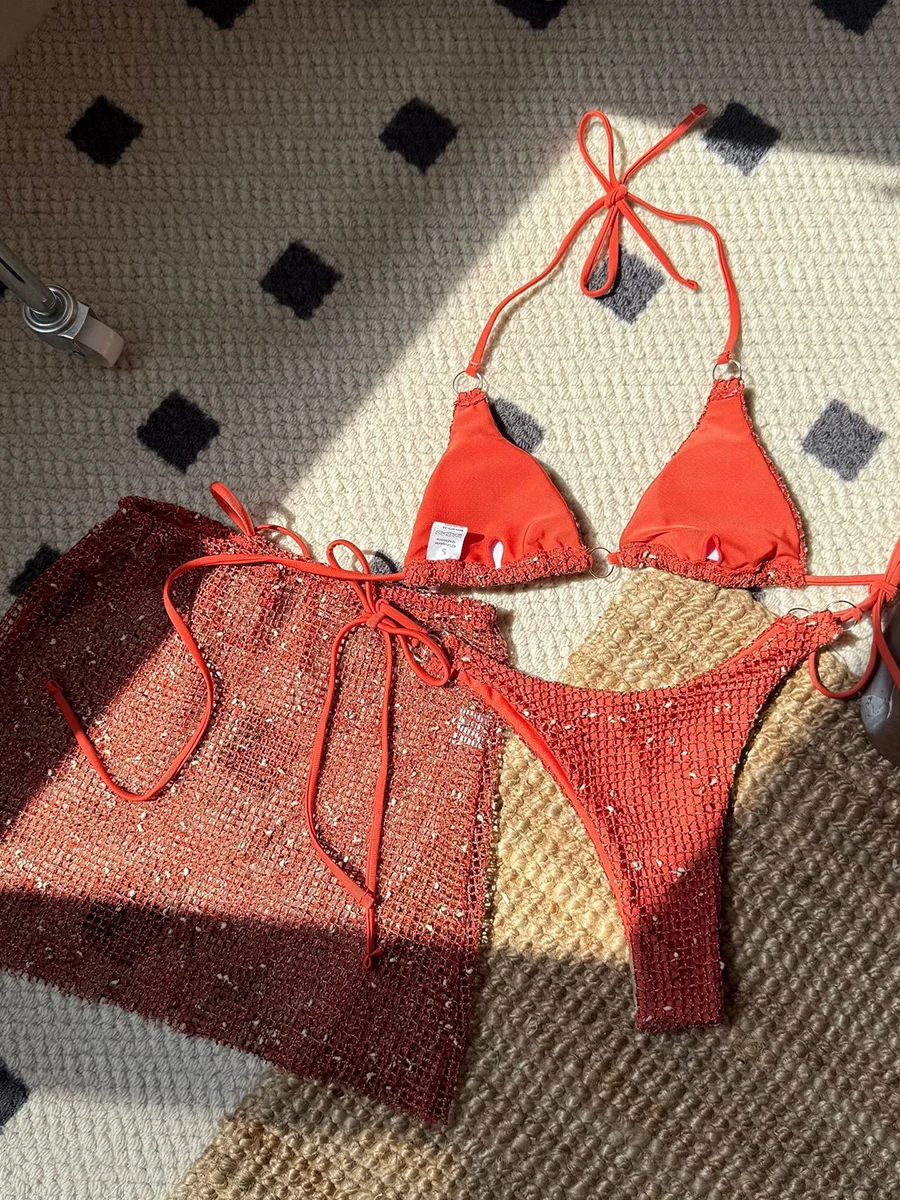 Sexy Mesh 3 Piece Bikini Women Swimsuit 2025 Triangle Swimwear Bikinis Set Swimming for Beach Dress Cover Up Female Bathing Suit