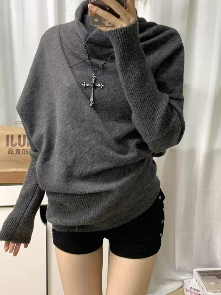 

Grey Turtleneck Sweater for Women American Retro Batwing Sleeves Loose Knit Pullover Y2K Streetwear All Match Warm Jumpers New