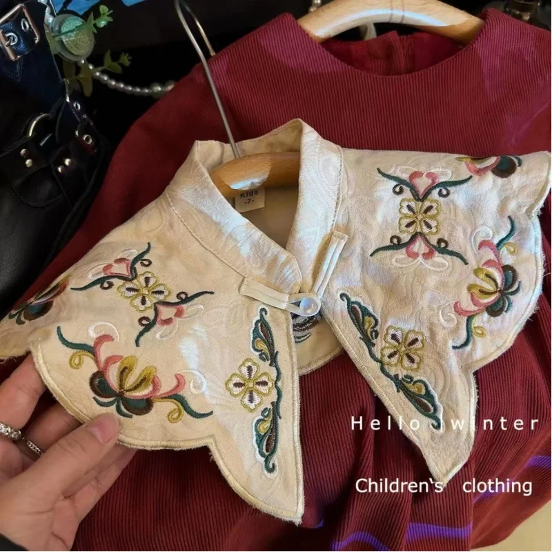 

Girls' Fleece-Lined Dress New Winter Embroidered Cloud Shoulder Chinese Style New Year Dress for Little Girls