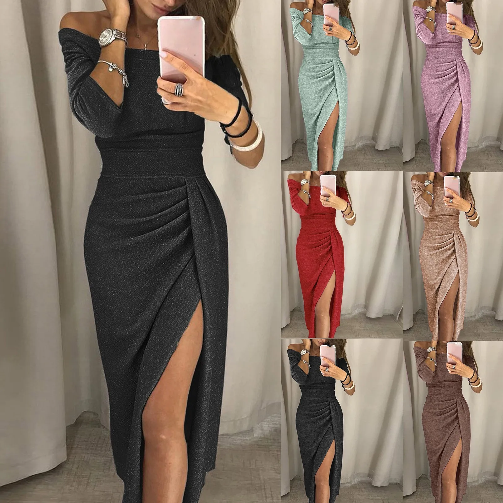 Elegant Asymmetrical Split Pencil Dresses Women's Sexy Off Shoulder Long Sleeve Bodycon Evening Party Long Dress Prom Club Dress