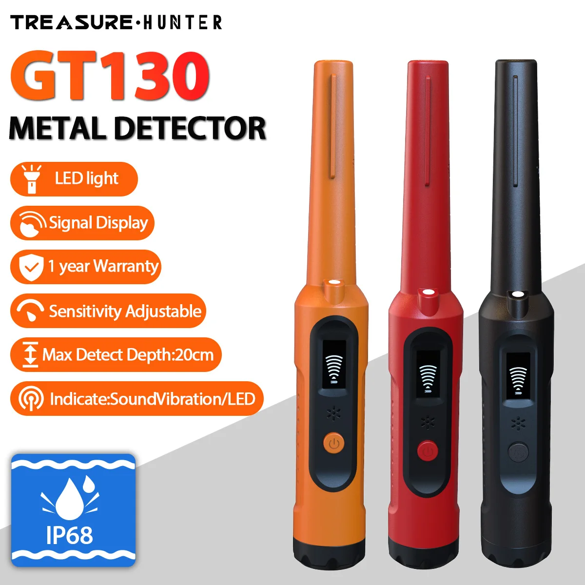 Treasure Hunter GT130 Handheld Pinpointing Metal Detector LED Display Pointer Anti-scratch Metal Waterproof IP68 360 Degree Scan
