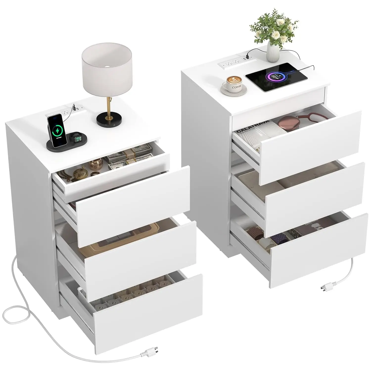 Nightstand Set of 2, 26" H with Hidden Drawer, Bedside Table with Charging Station, 4 Drawers, Modern Night Stand, Customized