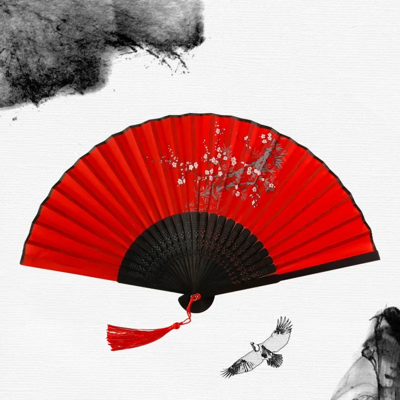 Vintage Silk Folding Hand Fan Bamboo Chinese Fabric Fan Pattern Art Craft Japanese Decoration Home Bride Folding Hand Fan