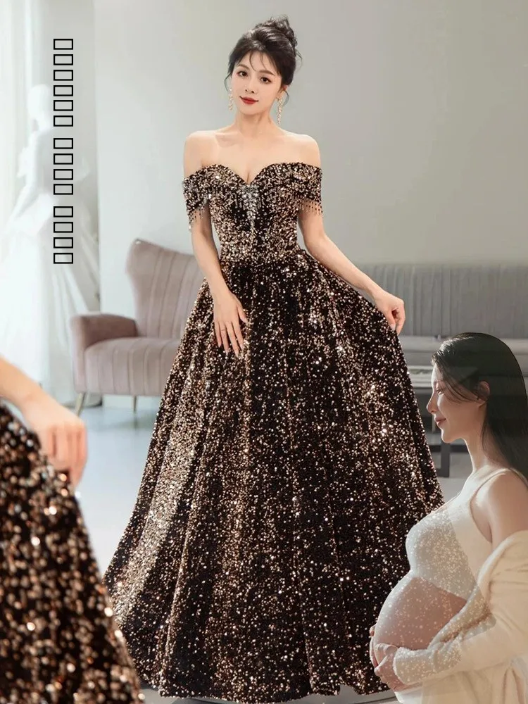 

Ele Длинное вечернее платье на одно плечо со сверкающими блестками, свадебное платье для выступлений, для похудения, большие размеры, Bla Bridal Dr