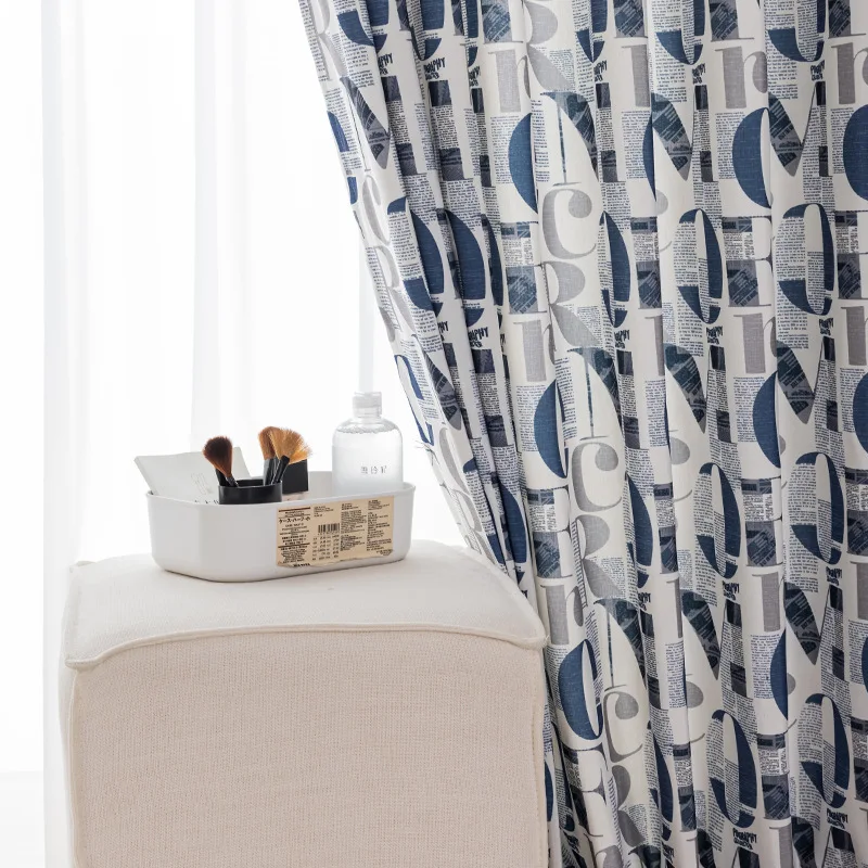 

English Blue Camel Modern Simple Polyester Cotton Printing High Shading Window Curtains for Living Dining Room Bedroom Home