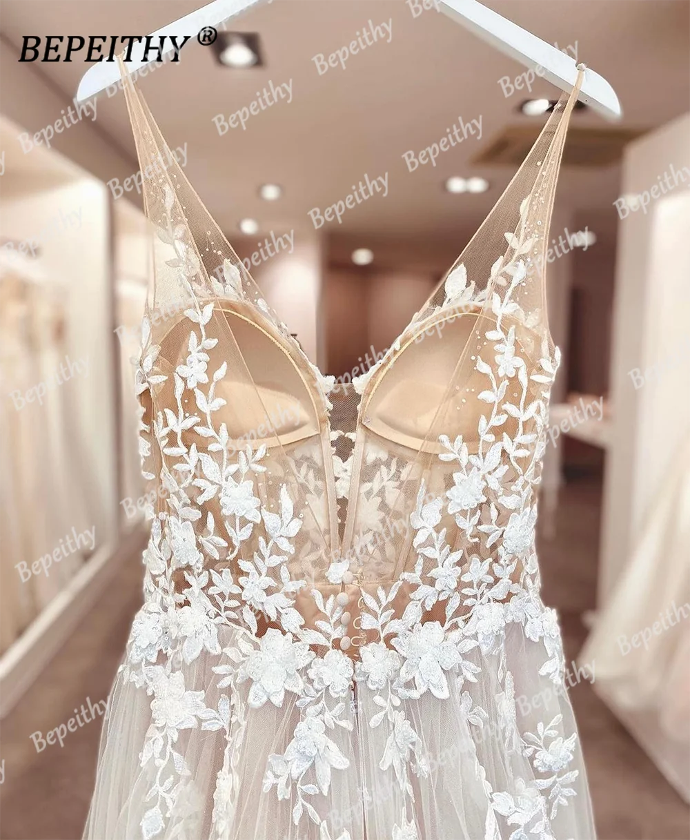 Bepeithy personalizado sexy sem costas com decote em v vestidos de casamento de renda para noiva feminina 2023 uma linha trem varredura vestido de noiva 2023 vestidos