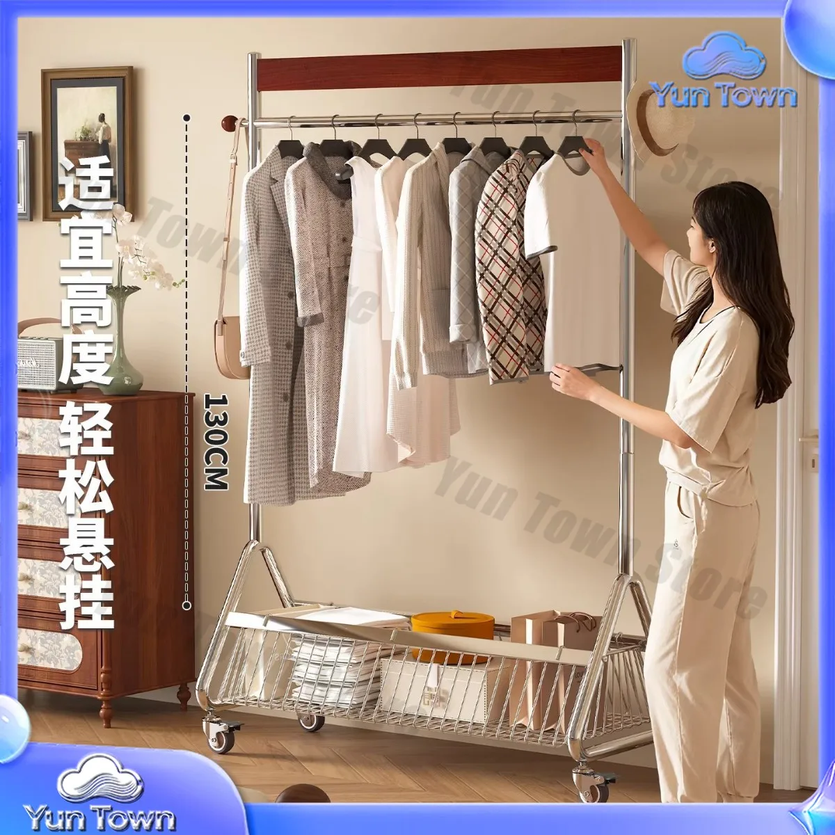 New Thick Vintage Style Floor Clothing Rack for Bedroom Stainless Steel Coat Stand with Wheels for Easy Mobility and Storage
