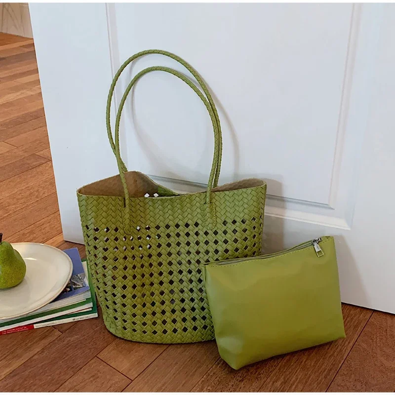 Rattan-Geflochtene Hohle Schultertasche mit Passender Geldbörse, Sommer-Shopper für Markt, Strand und Pendeln, Leichte Handtasche mit Offener Webung – Detail 17