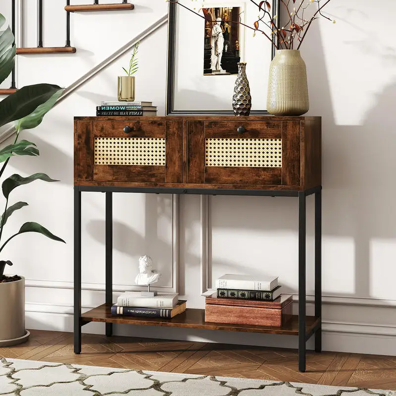 Rattan Console Table Boho Entryway Table with 2 Rattan Drawers and Open Storage Shelf-Rustic Brown