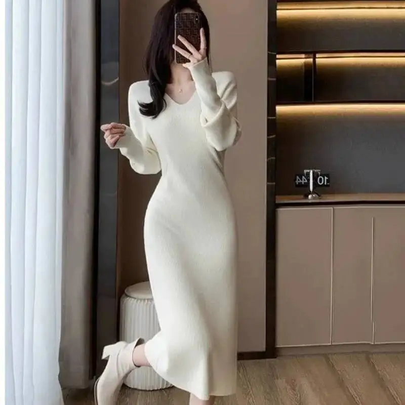 

Women S Autumn Winter Sweater Dress New Korean V Neck Solid Knitted Dresses Ladies Fashion Office Slim Party Midi Vestidos