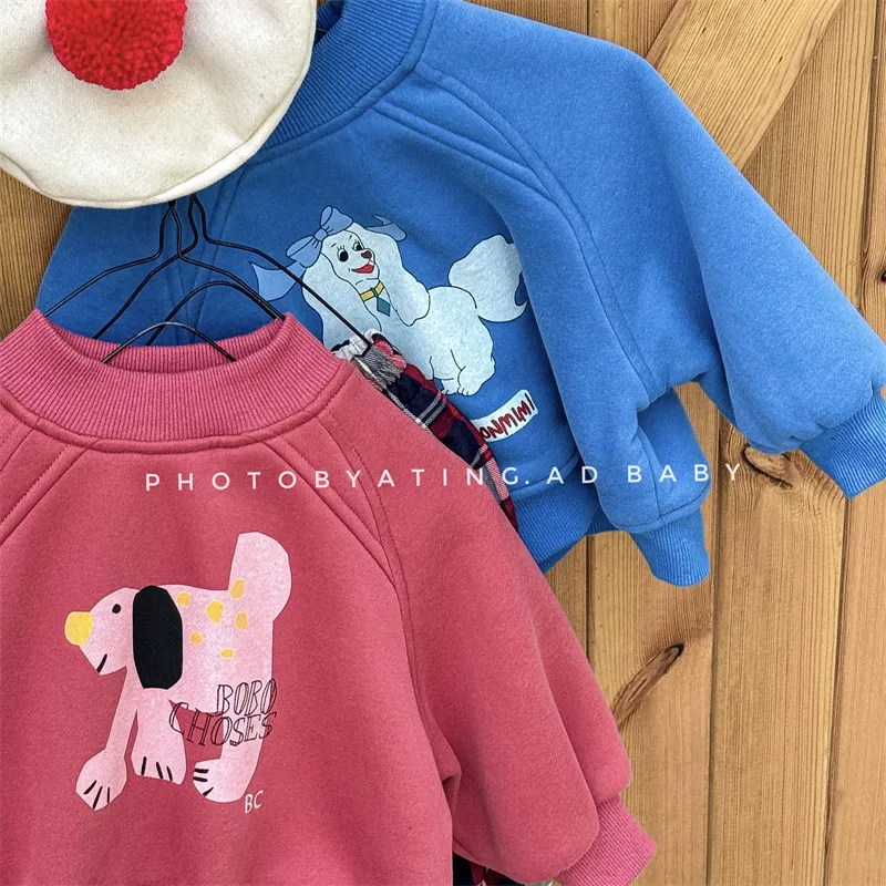 2024 Winter New Children Warm Fleece Sweatshirt Cartoon Print Boys Girls Plus Velvet Thick Pullover Tops Kids Casual Clothes