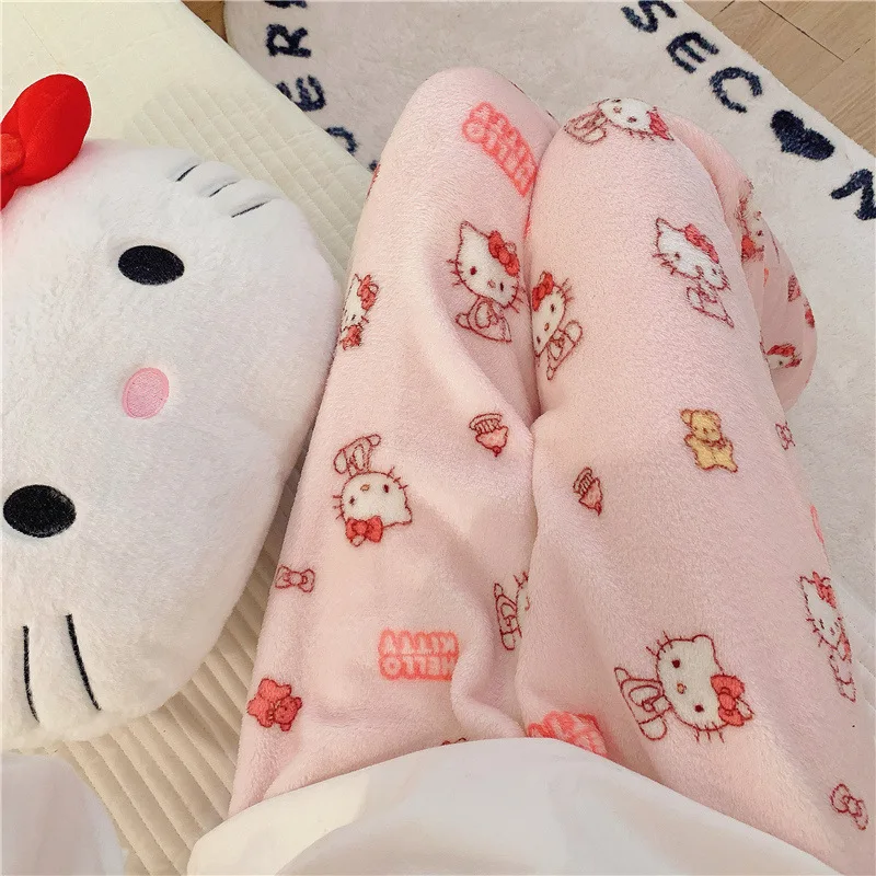 Olá kitty calças pijamas de flanela dos desenhos animados coral velo sleepwear feminino outono e inverno calças roupas para casa acessórios femininos